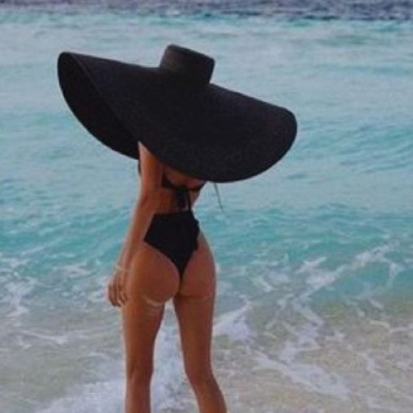 🌸 XL FLOPPY HAT SUN VACATION LARGE OVERSIZED BLACK BOHO BEACH POOL HEAD COVER - Picture 13 of 16